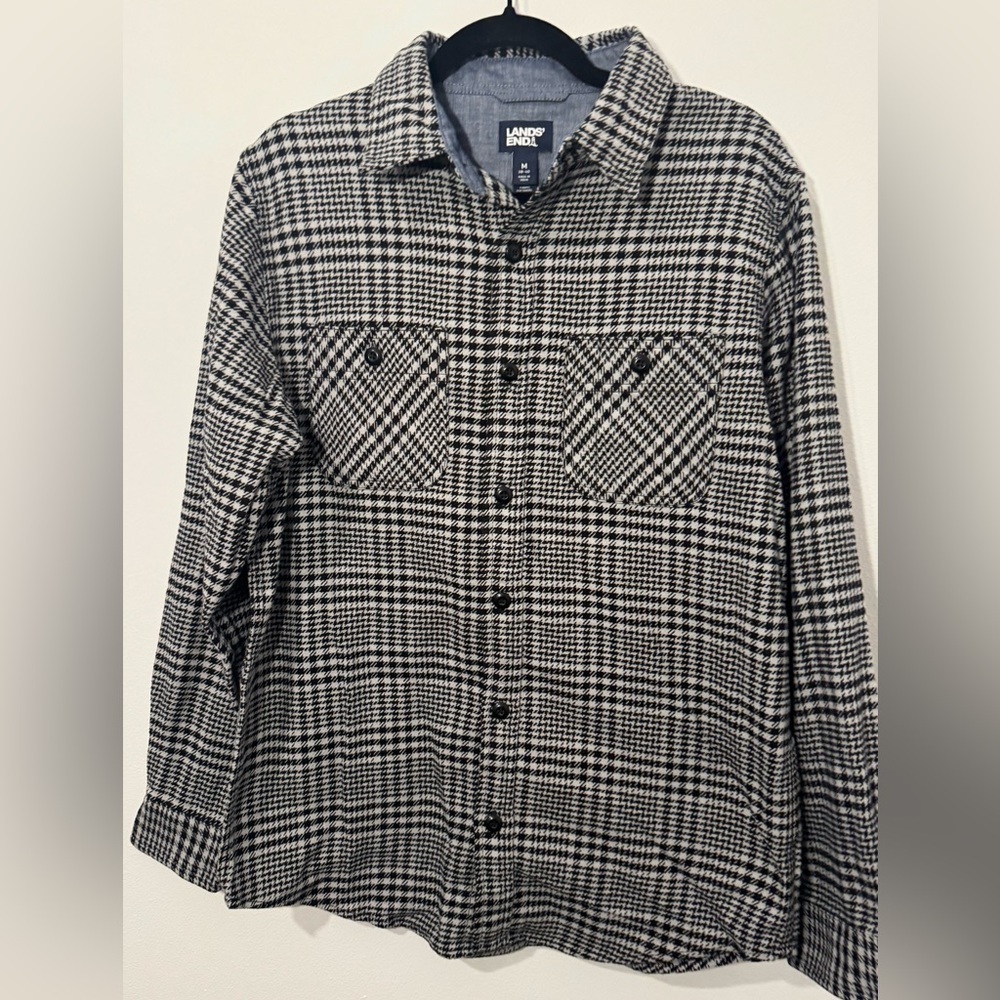 Lands’ End Black White Plaid Flannel Shirt Jacket Button Front Men’s M